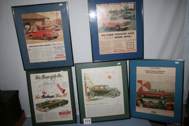 Five framed national sales ads: Five framed national sales ads: 1952 Mercury; Ford V-8; 1946 Ford Pick-up; 1967 Ford Fairlane Ranchero; 1959 Pick-up 13” x 16”