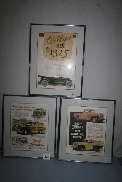 Three framed national dealer ads: Three framed national dealer ads: Jeep Woody, Jeep truck and Willys six.