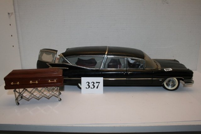 1959 Cadillac hearse: 1959 Cadillac hearse Prescision Miniatures 1/18th Scale - die cast - with casket and carriage, missing rear door handle and one tail light, side mirrors are inside - 14”x4 ½”