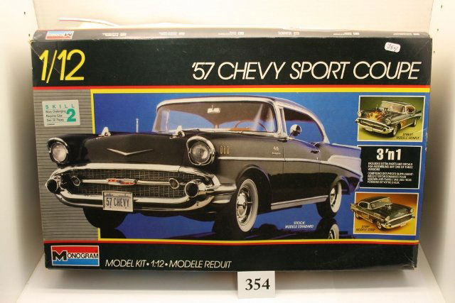 1957 Chevy Sport Coupe model kit: Monogram unassembled 1/12” scale 1957 Chevy Sport Coupe model kit. 1986