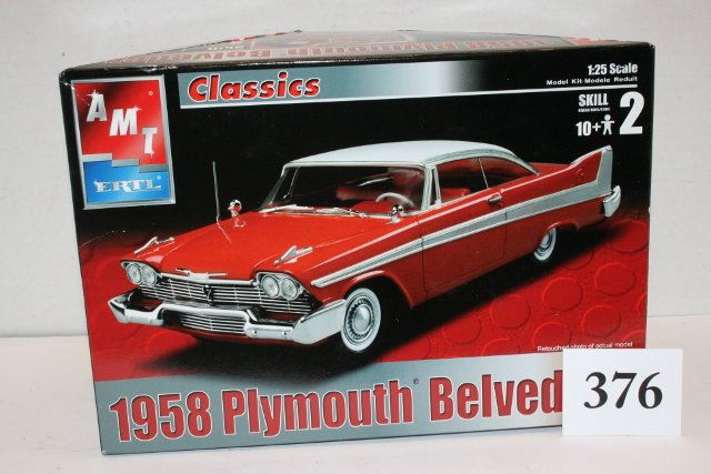 1958 Plymouth Belvedere model kit: AMT/Ertl unassembled 1/25” scale 1958 Plymouth Belvedere model kit. CA 2002