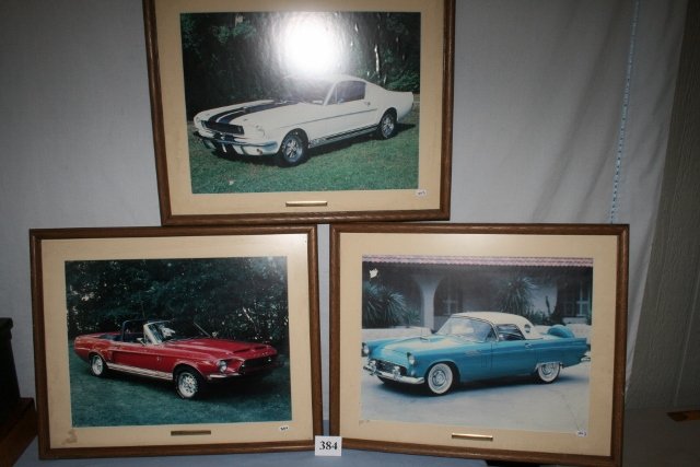 Three framed prints: 1967 Shelby: Three framed prints: 1967 Shelby GT350, 1956 Thunderbird; 1968 Shelby GT500KR