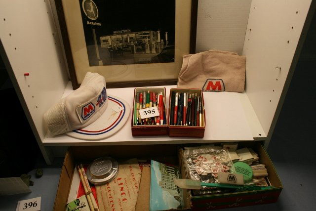 Marathon service station items: Job Lot: Marathon service station items, gas station ball point pens,1950’s service station 8 ½” x 11” picture.