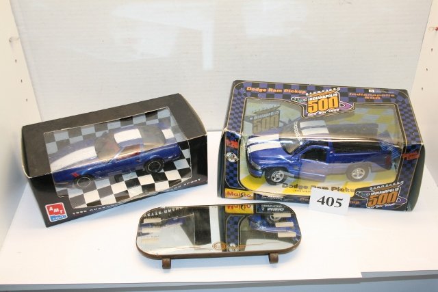 2 dealer promotion models: 2 dealer promotion models: 96 Corvette and 96 Dodge Indy pace truck, 50’s Oldsmobile Visor mirror.