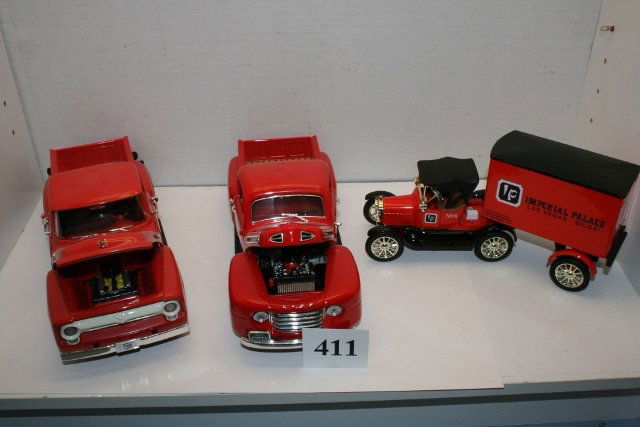 Three nice die cast cars: Three nice die cast cars 1968 Ford F-100 Pickup, 1948 Ford F-1, and 1918 Ford Model T with trailer.