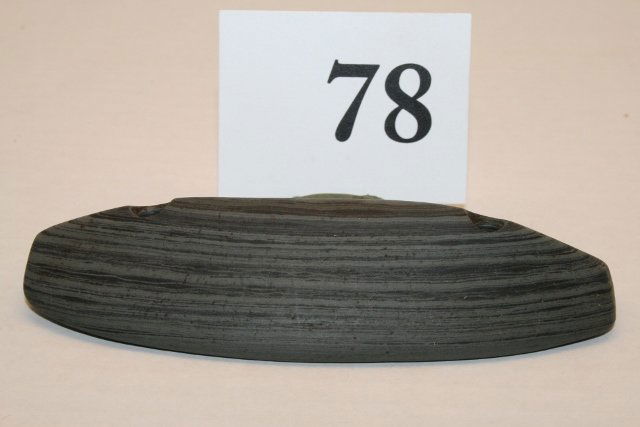 Glacial Kame Ridged Gorget: 4 ¼” Banded Slate Glacial Kame Ridged Gorget – Old dings to one corner, smoothed by Indian, Logan Co. Ohio