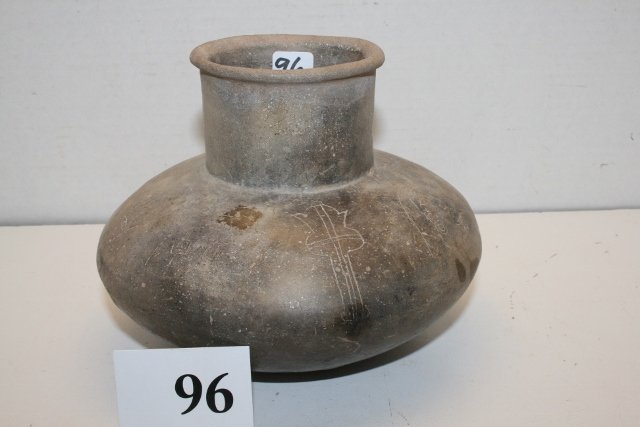 Mississippian Jar: 7 ¼” x 5 ¼” Mississippian Jar Incised with mace, head, hand around perimeter, solid – wide mouth