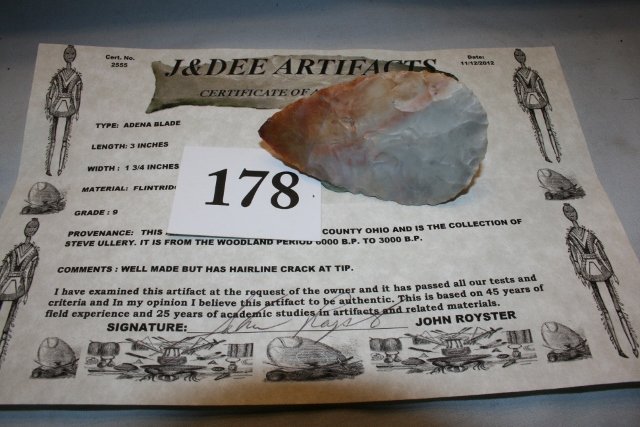 Flint Ridge Adena Blade: 3” Colorful Flint Ridge Adena Blade – Wood Co. Ohio – John Royster C.O.A.