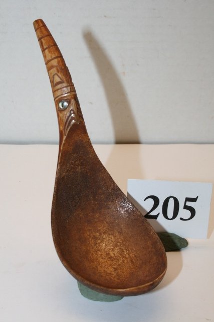 North West Coast Horn Spoon: 6” Hand Carved Top-Bottom North West Coast Horn Spoon – Finely made, great patina abalone shell eyes