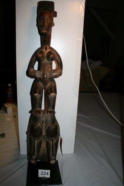 Female Figure Dance Mask: 27 ½” Baule – Double Faced Carved Standing Female Figure Dance Mask with custom made metal display stand, great display piece