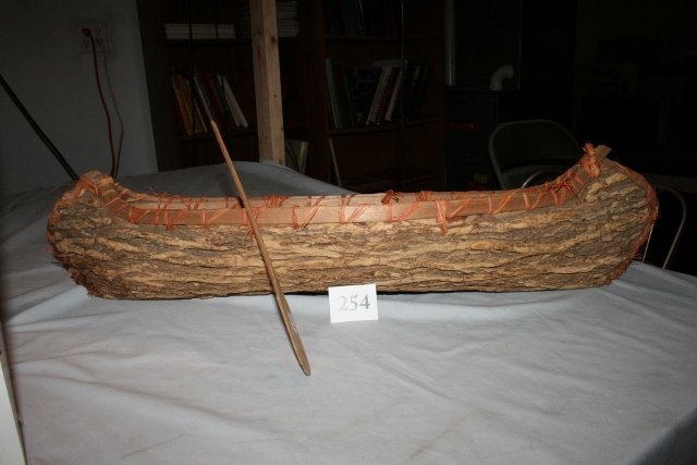 Elm Bark Canoe: 29” Elm Bark Canoe with 12” carved paddle – Upper Great Lakes