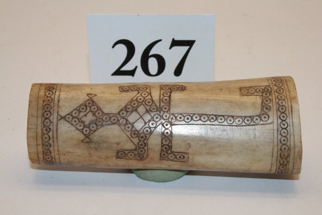 Bone Handle or Pin Case: 3 5/8” Bone Handle or Pin Case, Stylized Lizard engraved both sides, Nice! Inuit, Bering Strait Area