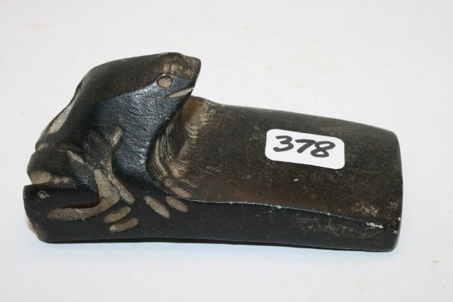 Steatite Frog Effigy Platform Pipe: 3 3/8” Hopewell Steatite Frog Effigy Platform Pipe – “Hopewell Stone Pipe, Jersey Co., Ill. 1922 University Archaeological Dig Drawer, 172-A on old tag