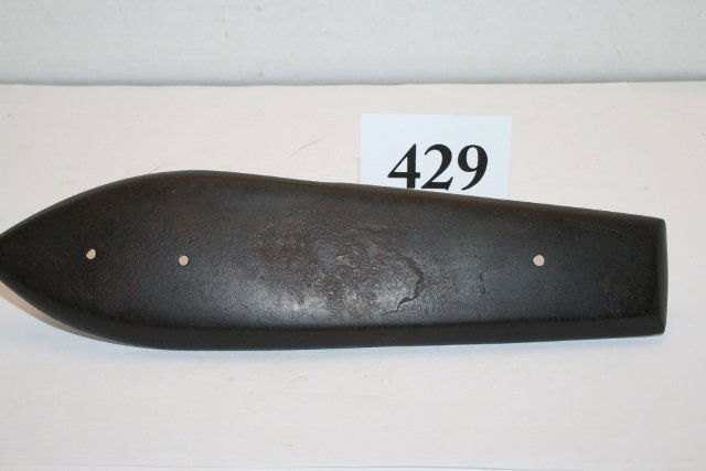 Slate Glacial Kame Coffin Shaped Gorget: 7 15/16” Slate Glacial Kame Coffin Shaped Gorget – has old damage to one side smoothed by Indian – unusual beveled edge type – Van Wert Co. Ohio – Partain C.O.A.