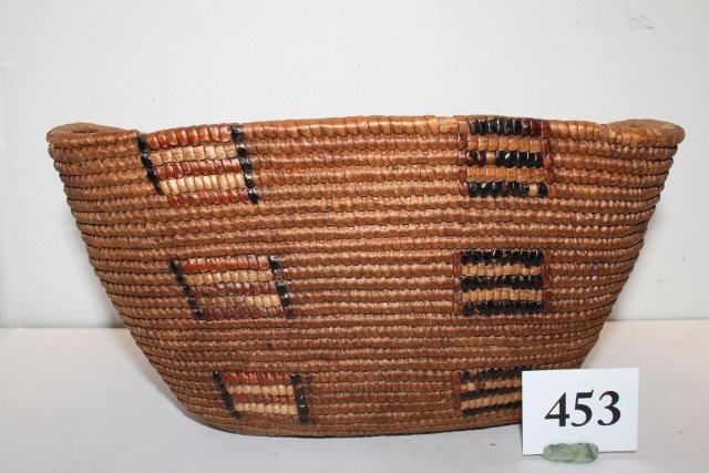Thompson River Basket: 11 ½” x 9 x 5 7/8” Thompson River Rectangular Basket – old tear in side mended with glue, top rim minor stitch loss