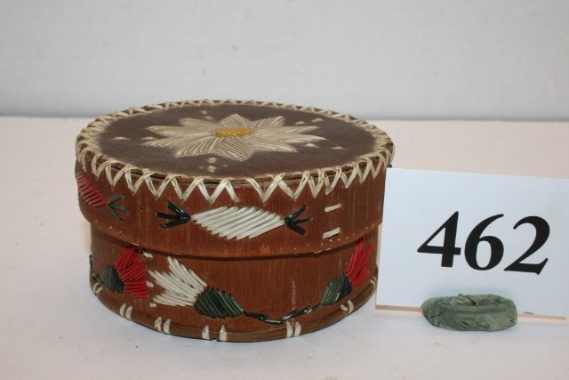 Lidded Birch Bark Quilled Container: 3 ¼” x 1 5/8” Lidded Birch Bark Quilled Decorated Container