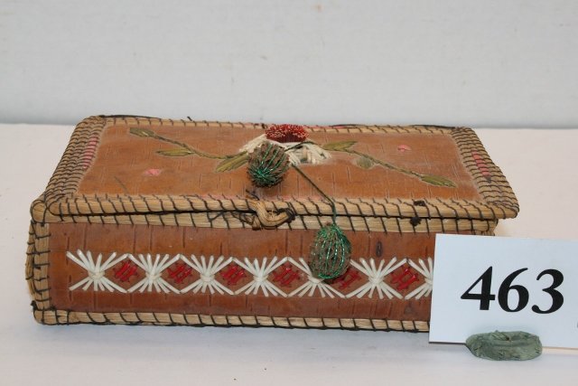 Birch Bark Quill Decorated Box: 6” x 4” x 1 ¾” Rect. Birch Bark Quill Decorated Box with nut suspensions