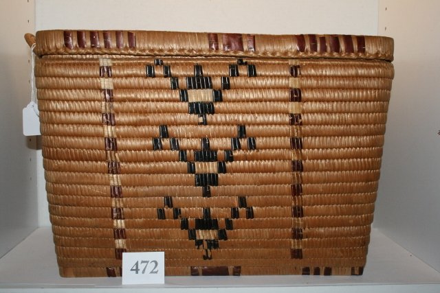Storage Basket Polychrome: 17” x 11 ¾” x 11” Thompson River Lidded Storage Basket Polychrome, one handle unattached, otherwise in fine condition