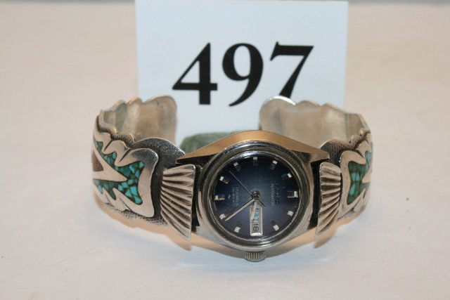 Zuni bracelet: 2 3/8” Zuni Crafted Inlay with Coral and Turquoise, monogrammed, bracelet with working Seiko watch – nice ensemble