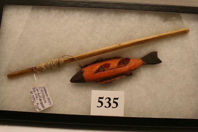 Spearing Decoy and Jig: Chippewa Hand made Spearing Decoy and Jig – carved wood, circa early 1900’s