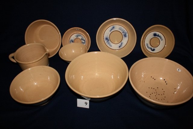 9 pcs. Modern Yelloware: 9 pcs. Modern Yelloware – Colander, 3 nesting bowls, 3 mixing bowls (large has hairline crack) Bowl & Pitcher marked East Knoll Pottery CT.