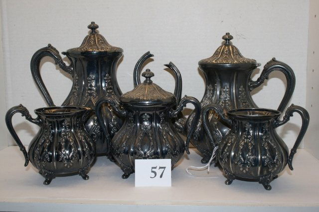 5 pc. Quadruple Plate Forbes Silver Tea Set: 5 pc. Quadruple Plate Forbes Silver Tea Set – (2) Teapots, creamer, sugar, large sugar – spout rough on one teapot
