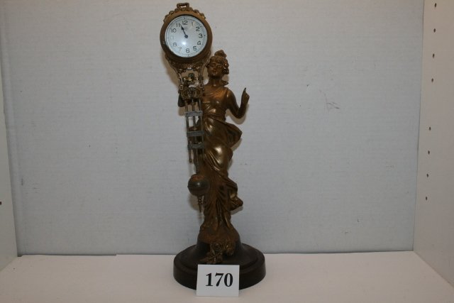 Linden Swinging Pendulum Clock: Linden Swinging Pendulum Clock with lady statue – 8 day, unknown if works, nice – 13 ½”