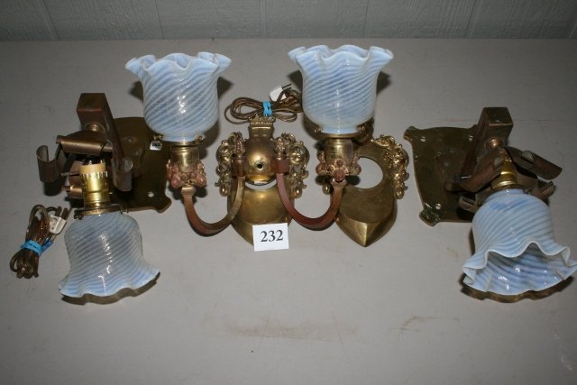 (3) Brass Light Fixtures: (3) Brass Light Fixtures with opal swirl shades