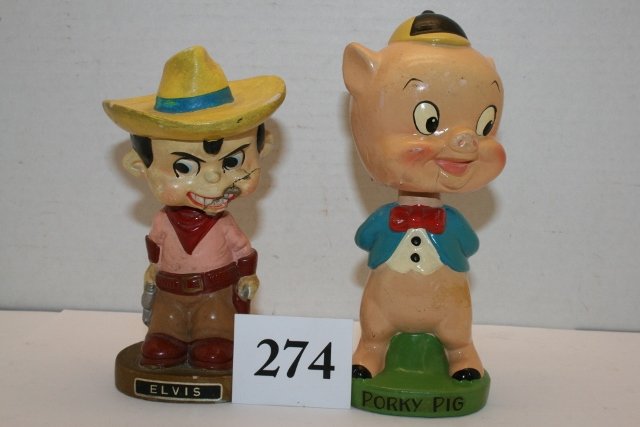 Porky Pig, Elvis Bobble Head : Porky Pig, Elvis Bobble Head – Elvis face damage, porky pig face chips on back, small crack in front