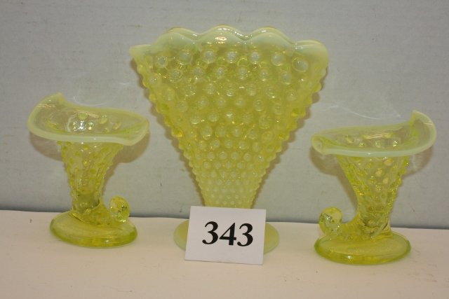 (3) Pc. Vaseline Opal Hobnail Fan Vase: (3) Pc. Vaseline Opal Hobnail Fan Vase & 2 Cornucopia Vases
