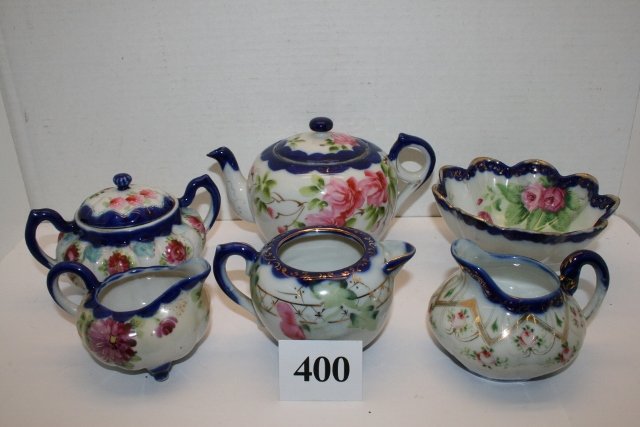(6) Pcs. Unmarked Blue Nippon Glass: (6) Pcs. Unmarked Blue Nippon Glass – Teapot, 3 Pitchers, sugar bowl, bowl
