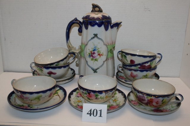 Cobalt Blue Nippon Glass: Grouping of Unmarked Cobalt Blue Nippon Glass – Teapot, 8 cups, 7 saucers, some cups & saucers don’t match teapot