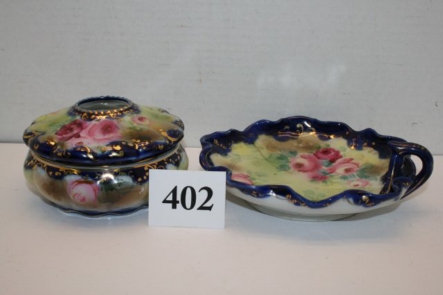 (2) pc. Marked Cobalt Blue Nippon Glass: (2) pc. Marked Cobalt Blue Nippon Glass – hair receiver & one handled nappie