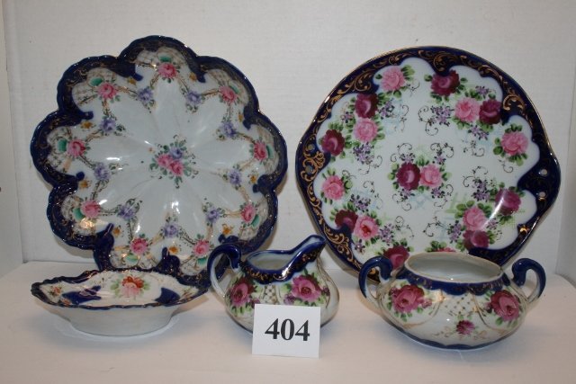 (5) pcs. Unmarked Cobalt Blue Nippon Glass: (5) pcs. Unmarked Cobalt Blue Nippon Glass – Creamer, Sugar (no lid), pin dish (cracked) large bowl (cracked) & Plate