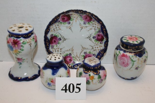 (5) pc. Unmarked Cobalt Blue Nippon Glass: (5) pc. Unmarked Cobalt Blue Nippon Glass – Hat Pin Holder, Ginger Jar (chipped), saucer, mismatched salt & pepper