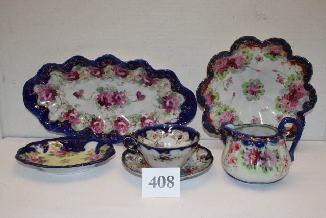 (6) pcs. Unmarked Nippon Glassware: (6) pcs. Unmarked Nippon Glassware – relish, bowl, creamer, cup & saucer, pin tray – patterns different