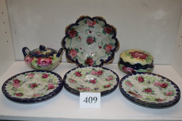 (9) pcs. Unmarked Nippon Glassware: (9) pcs. Unmarked Nippon Glassware – Covered Jewelry Box, Sugar, 6 Salad Plates, 3 Footed Dish