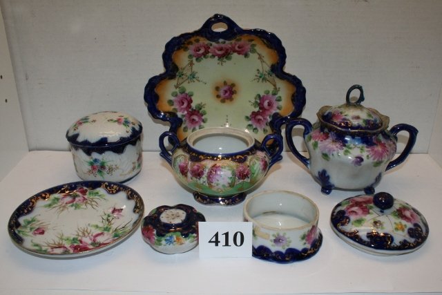 (8) pcs. Misc. Unmarked Nippon Glassware: (8) pcs. Misc. Unmarked Nippon Glassware – Covered Sugar, Dresser Box, Salt Shaker, saucer, sugar (no lid)