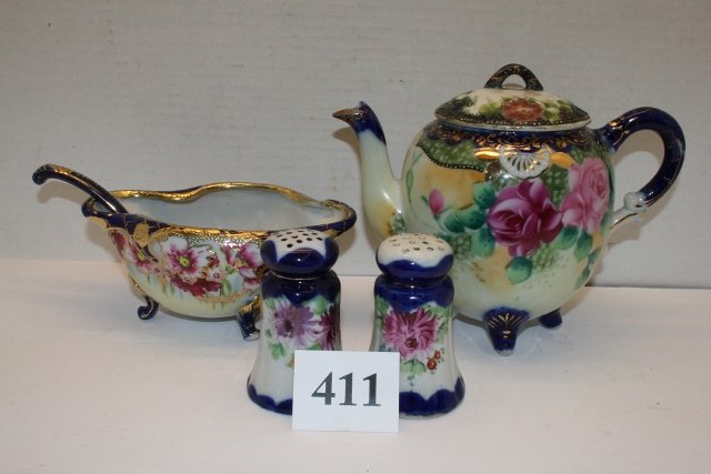(5) Pcs. Misc. Unmarked Nippon Glassware: (5) Pcs. Misc. Unmarked Nippon Glassware – Teapot, Salt & Pepper, 3 Footed Dish with ladle