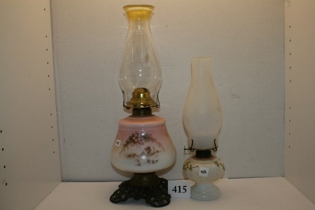 Pink & White Milk Glass Kerosene Lamp: Pink & White Milk Glass Kerosene Lamp with metal base – (2 small cracks in base) & small milk glass lamp