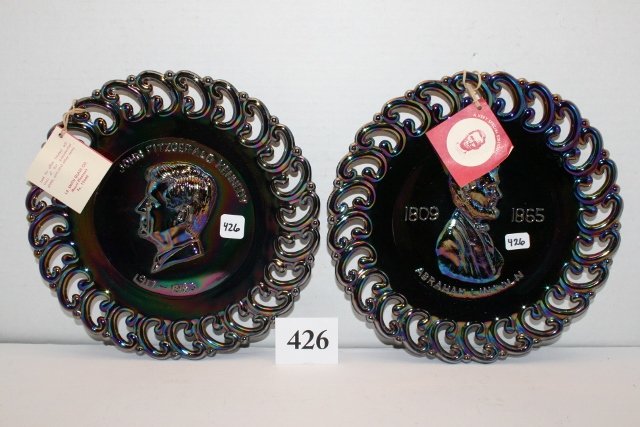 (2) Amethyst Iridescent Plates: (2) Amethyst Iridescent Plates – L.E. Smith Glass Co. John Kennedy & Abraham Lincoln