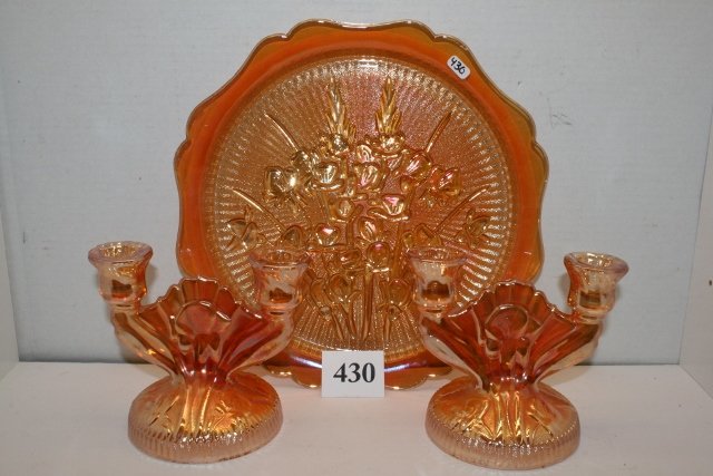 12” Iridescent Platter: 12” Iridescent Platter with scalloped edge iridescent marigold & pair candlesticks
