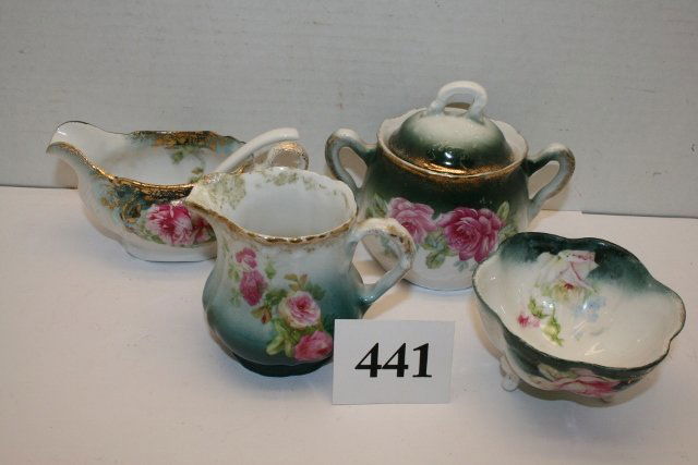 (4) pc. Hand Painted Glassware: (4) pc. Hand Painted Unmarked Glassware – Covered Sugar, Gravy Ladle, finger bowl, pitcher