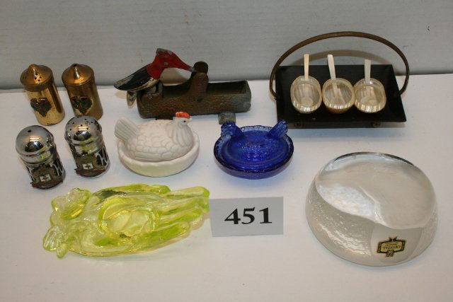 Mother of pearl salt dips & spoons: 8 Misc. Items – Mother of pearl salt dips & spoons, (2) hen on nest, silver plate s & p, woodpecker toothpick holder