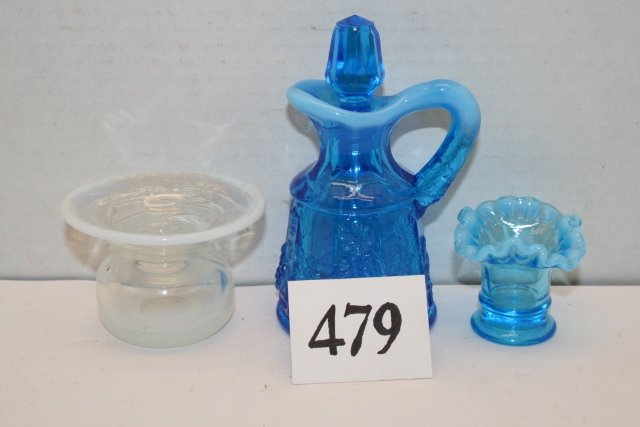 (2) Opal Toothpick Holders: (2) Opal Toothpick Holders & Blue Opal Cruet