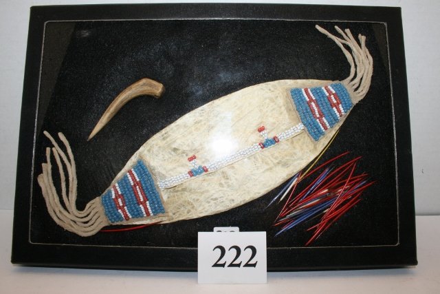 Crow Beaded Bladder Bag: 8 ¾” plus Fringe, Crow Beaded Bladder Bag with porcupine quills and antler quill flattener – circa 1900