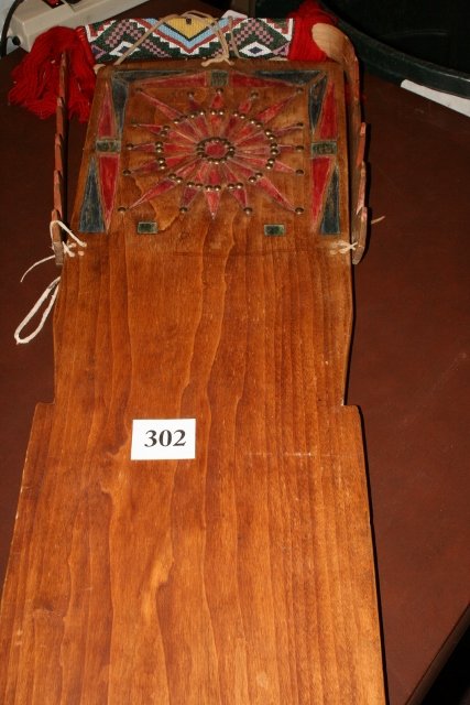 Omaha Cradle Board: 33” x 12” Omaha Cradle Board, bead decorated face guard, circa 1920-1930, painted, tack decorated