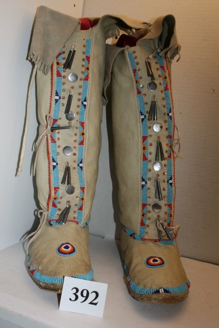 Pair of Bead High Top Boots: 9 ½” x 15” Pair of Bead Decorated Over Suede Leather – circa 1900’s High Top Boots