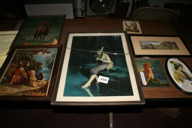 6 Framed Indian Related Prints: Group of 6 Framed Indian Related Prints 1900 – 1930 including Fostoria Advertising Thermometer