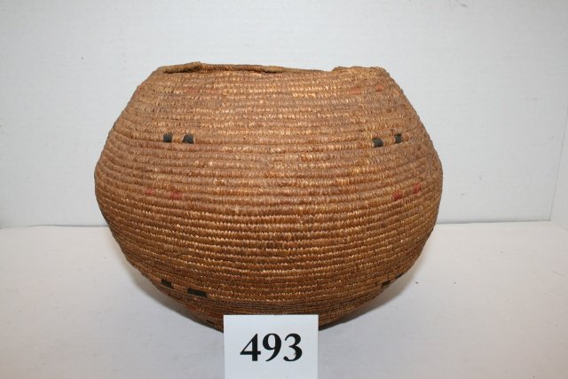 Alaskan Basket: 6 ½” x 8 ½” Alaskan Basket – Prince Edward Island, Circa 1880, Ex. Lowe and Fituske Colls. California A.J. Kroener, Minor wear to rim otherwise fine, Polychrome – Rare!